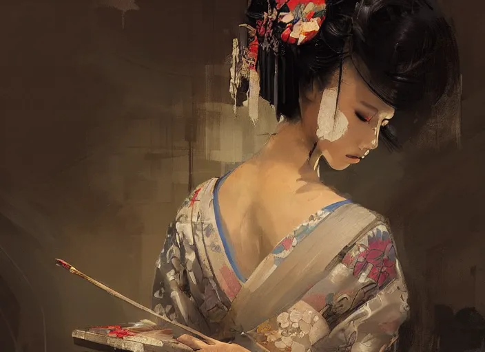 Image similar to female geisha girl, beautiful face, intricate outfit, spotlight, by greg rutkowski, by jeremy mann, digital painting