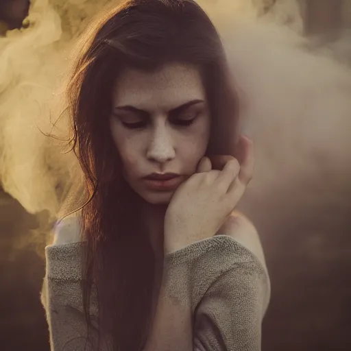 Prompt: a photo of a beautiful girl with cracked skin surrounded by smoke,, 5 0 mm lens, f 1. 4, sharp focus, ethereal, emotionally evoking, head in focus, volumetric lighting, blur dreamy outdoor,