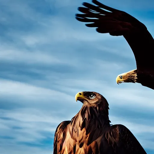 Prompt: cinematic photo of a giant eagle snatching away grimace with its talons, camera is looking up at the subject in the sky with fancy clouds behind