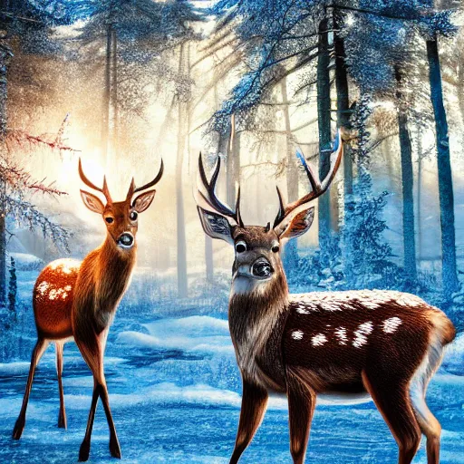 Prompt: family of deer on fire in a frozen forest, sparkles and sun rays, hyperrealistic, photo realistic, realistic, beautiful white lighting, in the middle of the day, hyperdetailed, very detailed