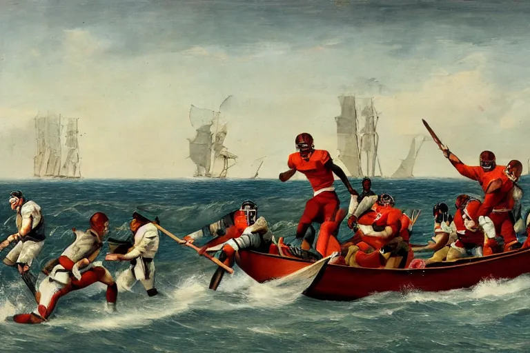 Prompt: a rowboat filled with nfl players in football helmets and pads, one has a harpoon, they are chasing a whale, american oil painting