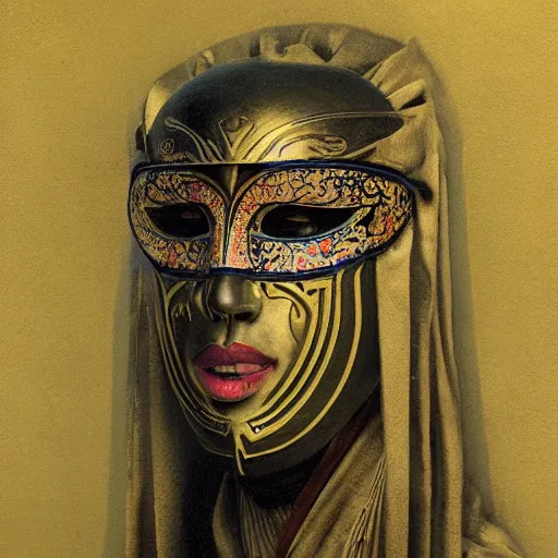 Image similar to portrait of masked Byzantine Tang Dynasty dancer on the art deco streets of the Undying Empire city of ya-Sattra during the Festival of Masks, award-winning realistic sci-fi concept art by Beksinski, Bruegel, Greg Rutkowski, Alphonse Mucha, and Yoshitaka Amano