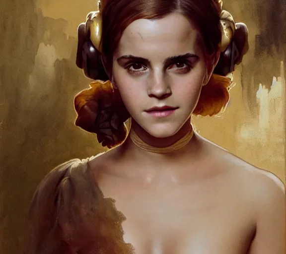 Image similar to photography of a sensual emma watson dressed like princess leia slave girl outfit, deep focus, intricate, elegant, highly detailed, digital painting, artstation, concept art, matte, sharp focus, illustration, art by artgerm and greg rutkowski and alphonse mucha and gil elvgren