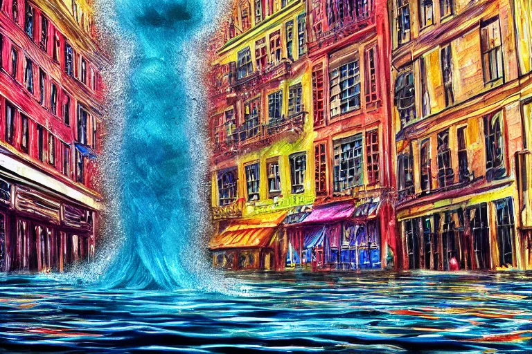 Image similar to water tornado in the city, photorealistic, highly detailed, sharp focus, vivid, colorful, symmetrical