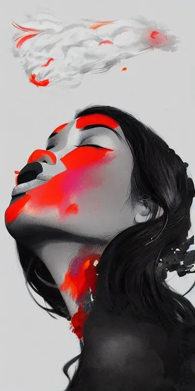 Image similar to profile side view of the lips of a young filipino woman, smoke is coming from her mouth, surrounded by thick swirling smoke, by conrad roset, long paint brush strokes, dramatic lighting, abstract painting trending on artstation