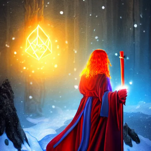 Prompt: red headed woman dressed in dark blue wizard robes holding a wooden staff covered in glowing red runes topped with a glowing gem. background of snowy mountains. fantasy painting.