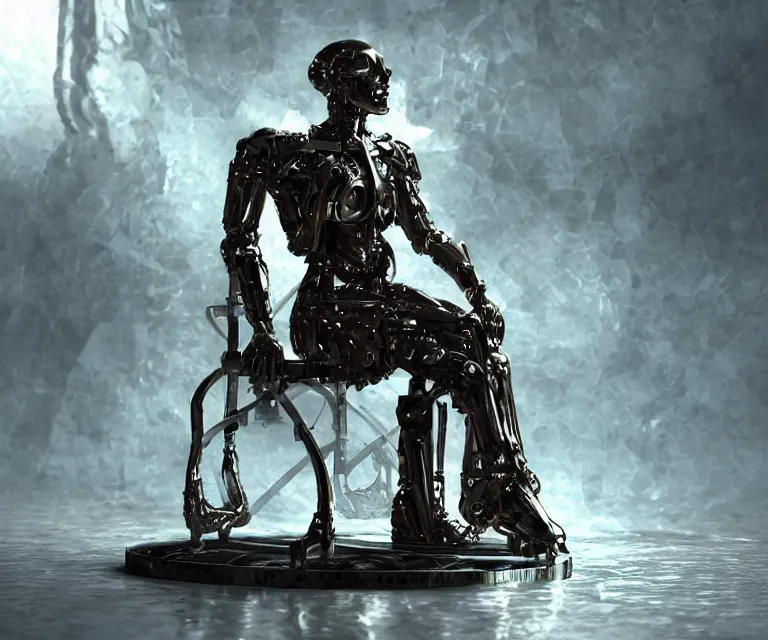 Prompt: translucent cyborg sitting on a metal throne, futuristic castle background, fantasy sci - fi, sharp lines, metallic, 2 0 0 mm