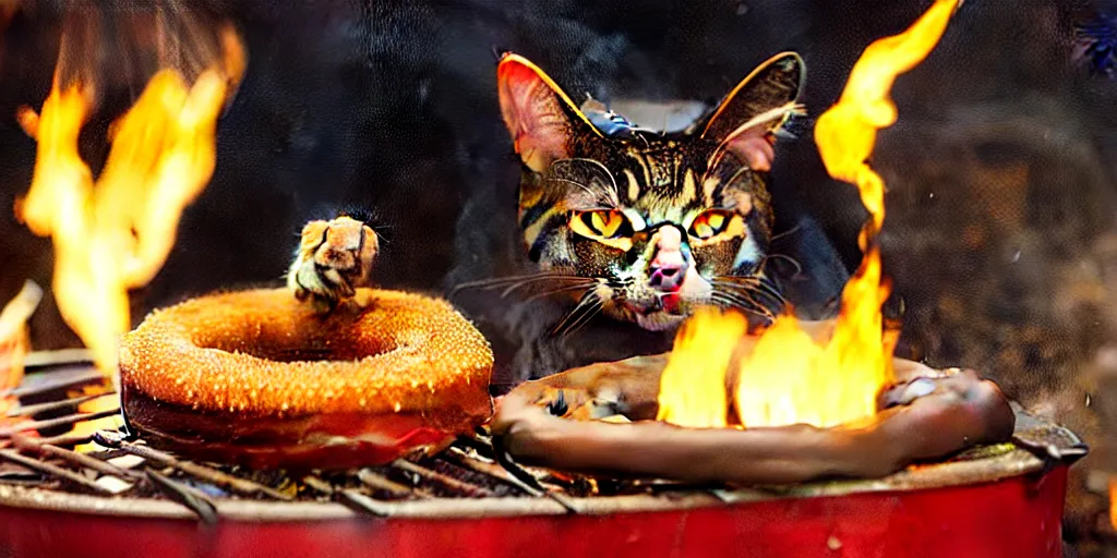 Prompt: a cat cooking a donut in a fire pit in the style of salvador dali