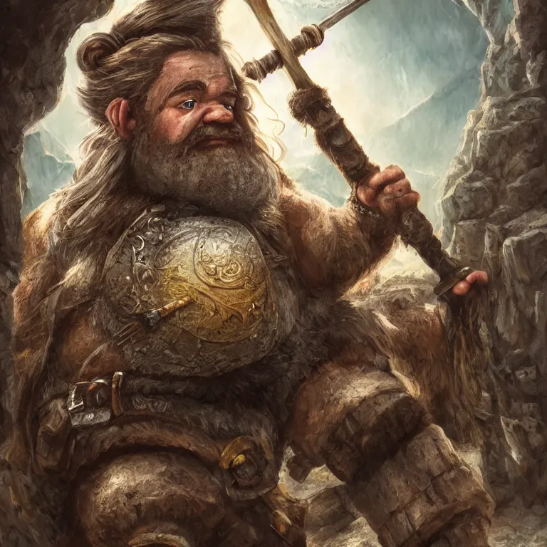 Image similar to dwarf with hammer in mountains, lord of the rings style, fantasy, poster, character portrait, portrait, close up, concept art, intricate details, highly detailed, full body, 8 k, detailed face, body