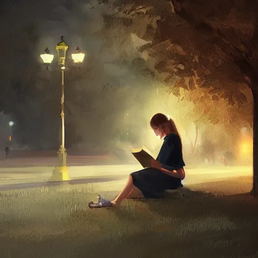 Image similar to a girl reading a book, city park, street lighting, greg rutkowski, digital painting