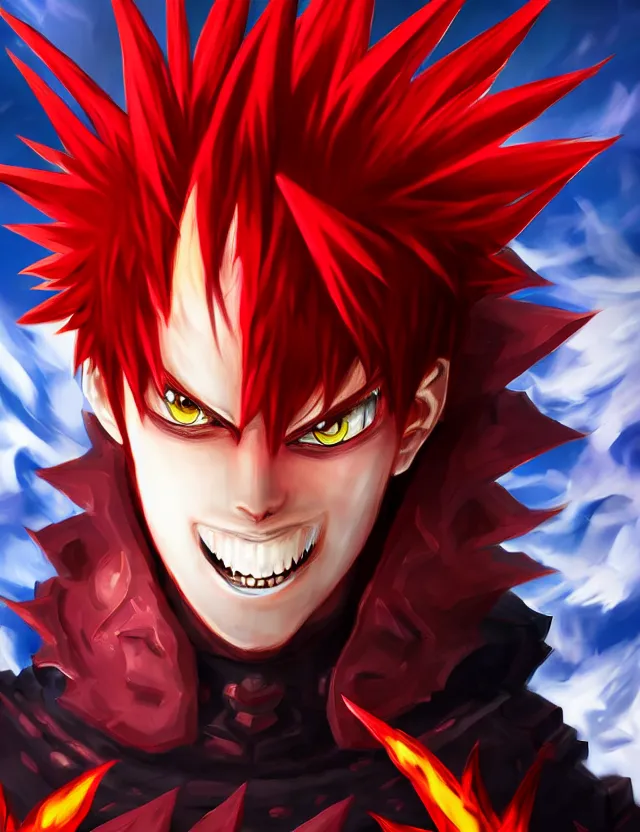 Image similar to a detailed manga portrait of a menacing tall boy with spiked crimson hair and an evil grin in fiery crimson crystalline armour, trending on artstation, digital art, 4 k resolution, detailed, high quality, sharp focus, hq artwork, coherent, insane detail, character portrait