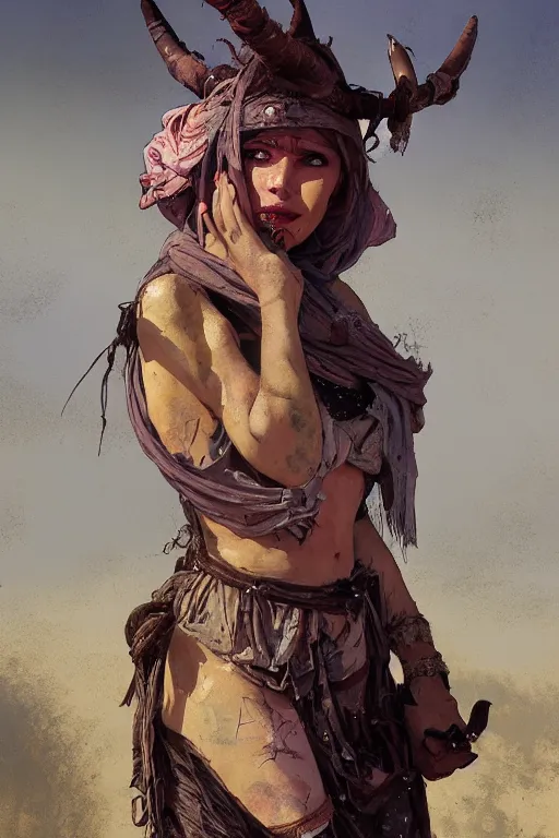 Image similar to a full body portrait of a beautiful post apocalyptic offworld tieflings quarter bedouin blind pulp fiction scarlet wild rogue barbarian leper begging by the roadside, intricate, elegant, highly detailed, digital painting, artstation, concept art, smooth, sharp focus, illustration, art by krenz cushart and artem demura and alphonse mucha