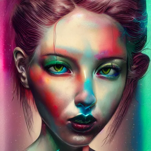 Image similar to portrait of tinker bell, cameras, melting ,8k,by tristan eaton,Stanley Artgermm,Tom Bagshaw,Greg Rutkowski,Carne Griffiths, Ayami Kojima, Beksinski, Giger,trending on DeviantArt,face enhance,hyper detailed,minimalist,cybernetic, android, blade runner,full of colour