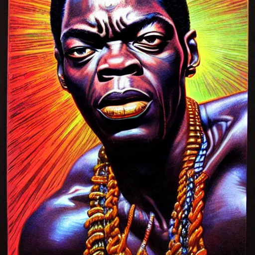 Prompt: fela kuti by clyde caldwell, very detailed, low contrast, dark background, 4 k