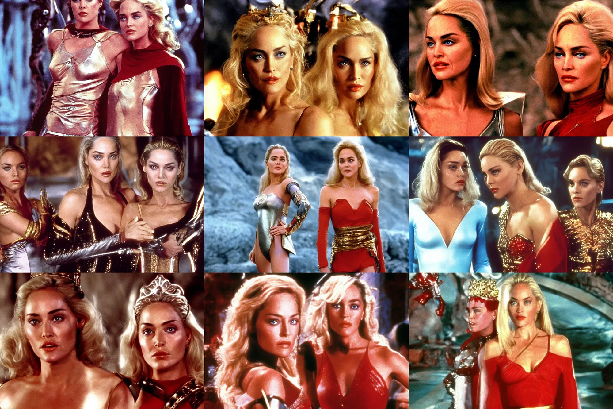 Prompt: Sharon Stone combined with Caroline Munroe as Princess Aura Mings Daughter in Flash Gordon 1980, film still