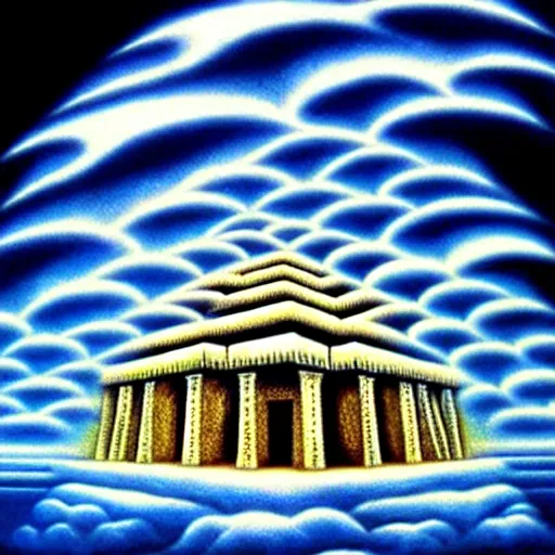 Image similar to hidden imagery incredible digital art optical illusion, superb detailed clouds shaped like the second temple in jerusalem, awe inspiring, masterpiece surrealism