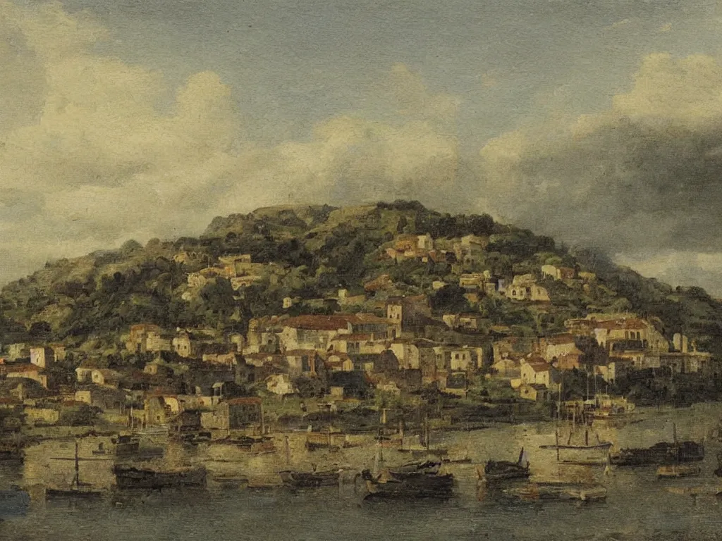 Image similar to a small village, viewed from the harbor, by jean - baptist monge,