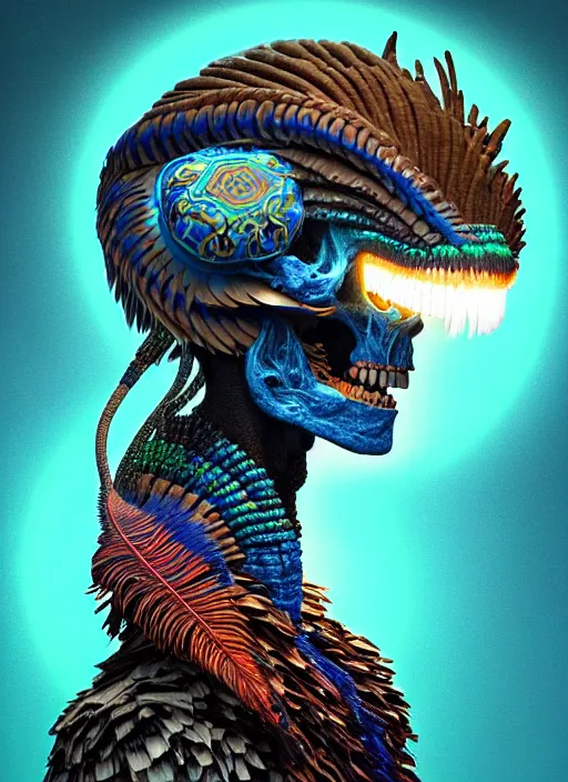 Prompt: 3 d shaman profile portrait, sigma 5 0 0 mm f / 5. beautiful intricate highly detailed quetzalcoatl skull and feathers. bioluminescent, plasma, lava, ice, water, wind, creature, thunderstorm! artwork by tooth wu and wlop and beeple and greg rutkowski, 8 k trending on artstation,
