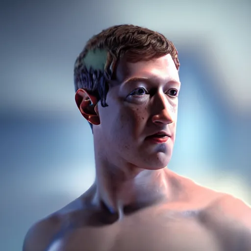 Image similar to professional photograph of very hot and muscular mark zuckerberg, gleaming skin, glowing, sparkling, hyper realistic, digital painting, rendered in unreal 5, octane render, artstation, ambient lighting