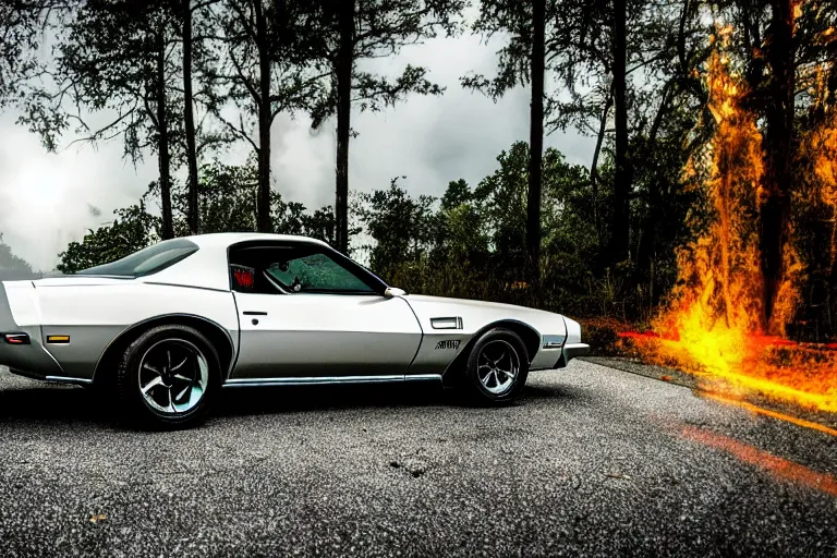 Prompt: pontiac firebird with glowing paint, sunrise, eerie light, fireflies, dog watching the car, dramatic, cinematic, forest, horror, sunbeams, volumetric lighting, wide shot, low angle, lightning storm hitting the car, ground cracking open to reveal a portal to hell