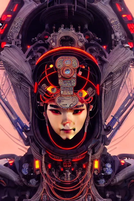 Image similar to akira from chinese mythology, hi - tech luciferian synthetic, gorgeous and huge head ornaments, dystopian, cyberpunk, mecha, cinematic dramatic light, ominous, intricate, studio, art by alphonse mucha, concept art, 4 k, sharp focus