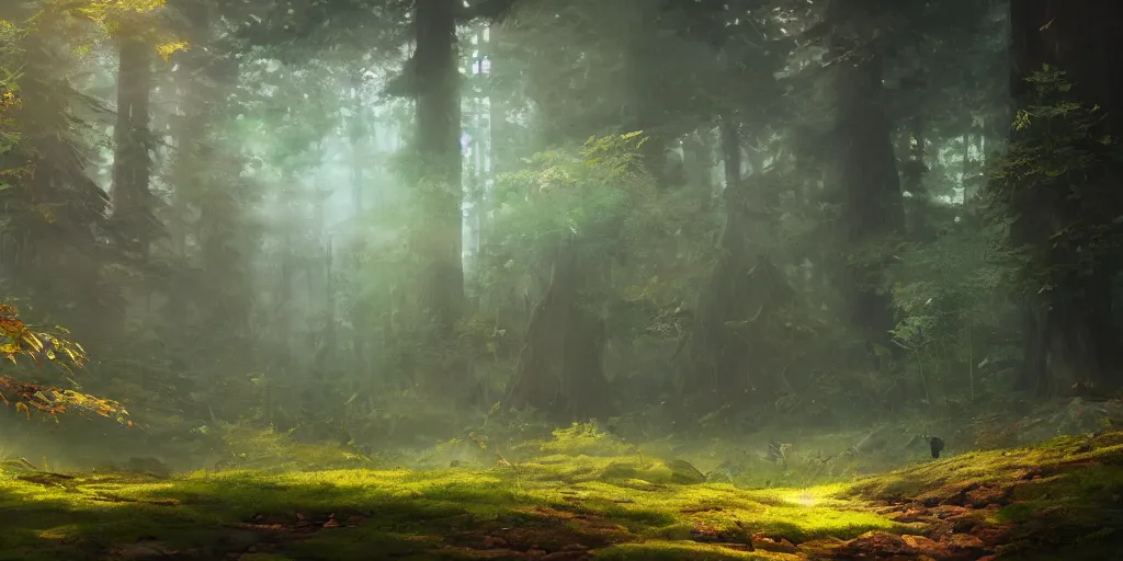 Image similar to a forest, oil painting, cinematic angle, hyperrealistic, volumetric lighting, dynamic, Studio Ghibli, digital art, octane render, post-processing, epic composition, trending on artstation, masterpiece