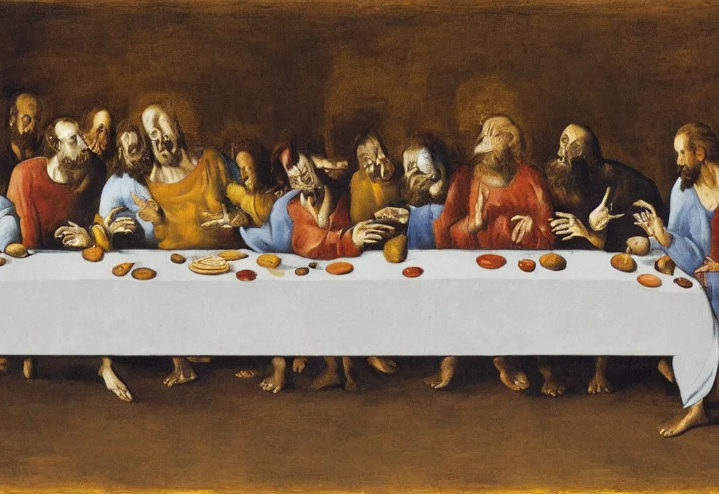 Image similar to last supper painted by francis bacon 8 k, hyperdetailed