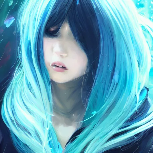 Prompt: water dripping, splashing over rimuru tempest, sky blue straight hair, bangs, with amber eyes, black jacket, high collar, ultra detailed, euphoric, masterpiece, digital painting, psychedelic, cinematic, wlop, pixiv, swirly, ilya kuvshinov, ross tran