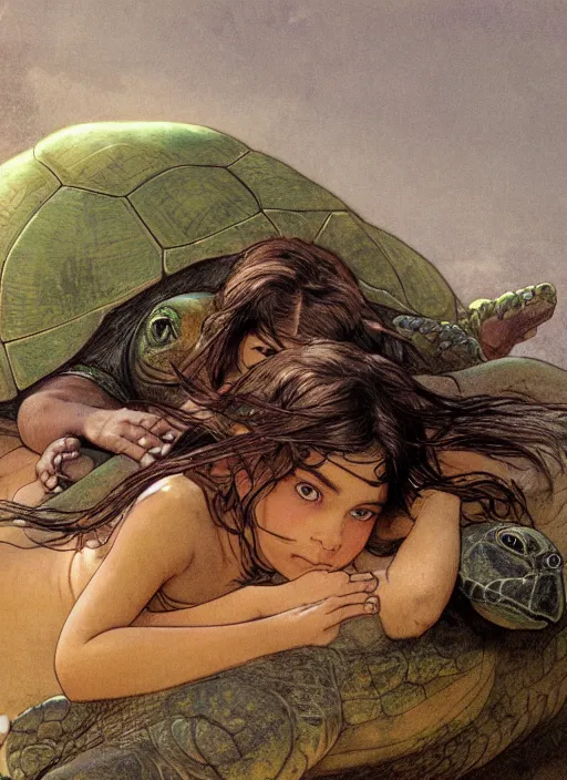 Prompt: portrait of a little warrior girl laying on top of a giant turtle in the desert. the girl has dark skin and beautiful green eyes, realistic body legs and a very beautiful detailed symmetrical face with long black hair. the turtle has a big wise face and closed eyes. diffuse light, dramatic landscape, fantasy illustration by mucha