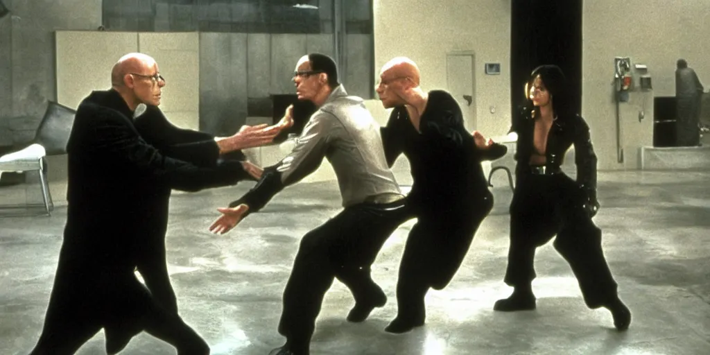 Image similar to Scene from Matrix 5 where Neo fights Michel Foucault played by Rock Hudson