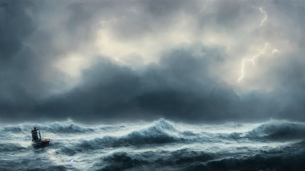 Prompt: small boat a stormy sea, giant waves, lightning in the background, soft digital painting, highly detailed, artstation, sharp focus, illustration, concept art, ruan jia, oil painting, 4 k