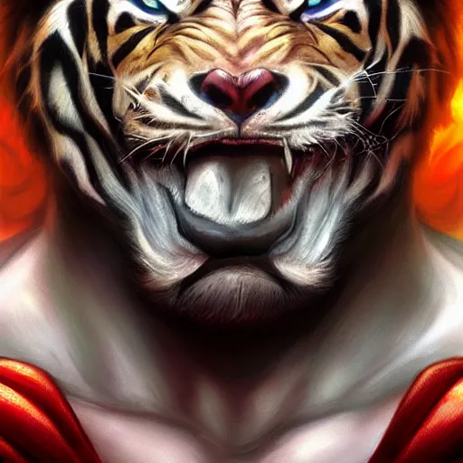 Image similar to a esthetic portrait commission of a muscular antrho albino tiger wearing the superman outfit,hyperdetailed face,character design by charlie bowater,ross tran,artgerm,makoto shibkai,photorealistic,western comic book art,film poster,deviantart,artstation