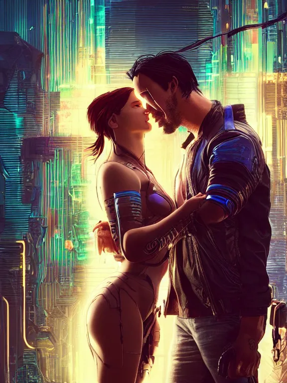 Prompt: a cyberpunk 2077 couple portrait of Keanu Reeves and V ,love story , lots of electric cable behind them connected to giant computer,film lighting,by laurie greasley,Lawrence Alma-Tadema,William Morris,Dan Mumford,trending on atrstation,face enhance,full of color,Digital painting,highly detailed,8K, octane,golden ratio,cinematic lighting