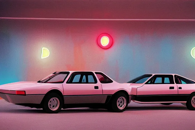 Prompt: designed by Giorgetto Giugiaro stylized poser of a 1977 AMC Pacer, thick neon lights, ektachrome photograph, volumetric lighting, f8 aperture, cinematic Eastman 5384 film