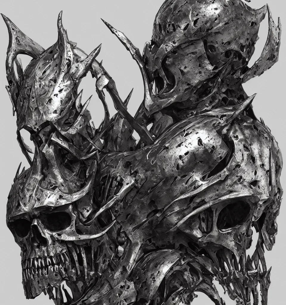 Image similar to closeup concept art of a medieval skull armor with skeletal features, art by HR Giger and Szukalski, sculpture by Hedi Xandt, gothic, highly detailed, artstation, octane rendering, wayne barlowe, dimly lit in dense fog above lava fields,