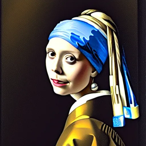 Prompt: oil painting of elizabeth olsen with a pearl earring, painted by Johannes Vermeer