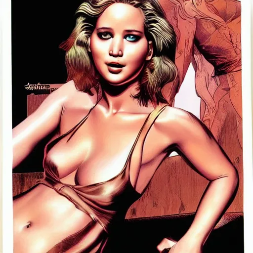 Image similar to jennifer lawrence by artgem by brian bolland by alex ross by artgem by brian bolland by alex rossby artgem by brian bolland by alex ross by artgem by brian bolland by alex ross