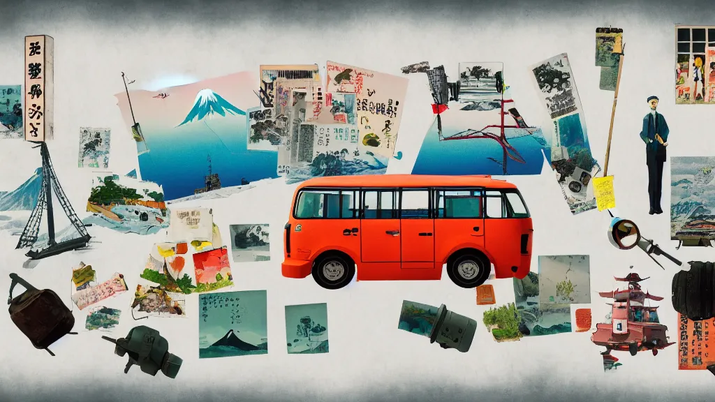 Image similar to an arrangement of adventure traveller props, japan, a collage painting, in the style of wes anderson, lola dupre, david hockney, isolated on negative white space background dark monochrome neon spraypaint accents volumetric octane render