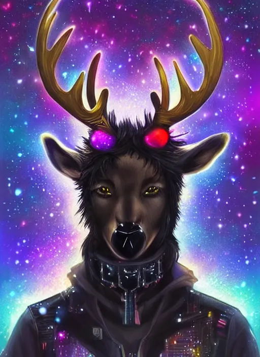 Image similar to award winning beautiful portrait commission of a male furry anthro Black Reindeer cyberpunk fursona with a tail, wings, wings, wings and a cute beautiful attractive detailed furry face wearing a crown, stylish black and rainbow galaxy clothes, outline, in a cyberpunk city at night while it rains. Character design by charlie bowater, ross tran, artgerm, and makoto shinkai, detailed, inked, western comic book art