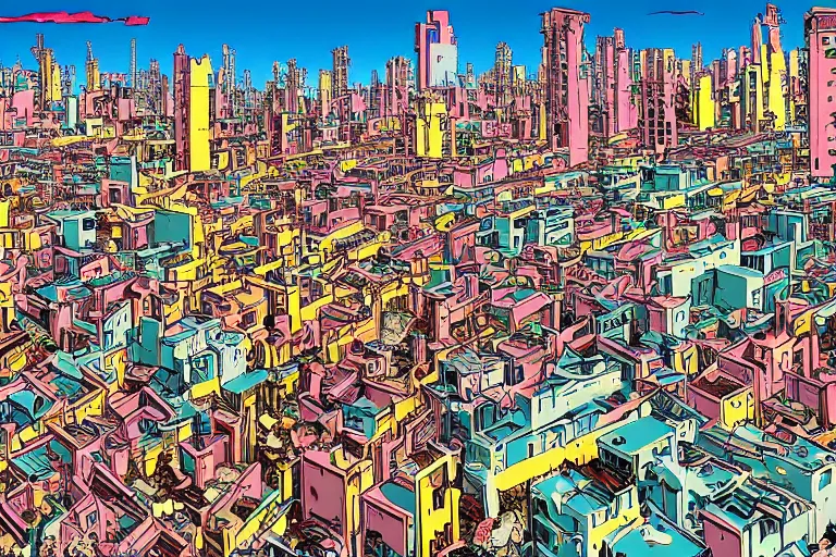 Image similar to The Stalingrad ruins | Colorfull pop art | art by Hirohiko Araki | Hirohiko Araki | Anime wallpaper | funky | colorful | cityscape | destroyed buildings | Stalingrad ruins | digital art