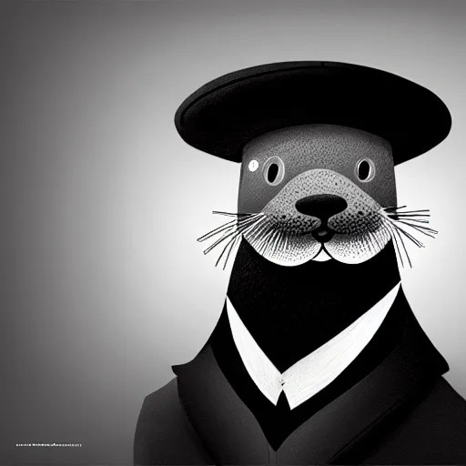 Prompt: anthropomorphic masculine otter in costume in hat, juanjo guarnid, concept art, highly detailed, eddotorial illustration, b & w, noir, soft lighting