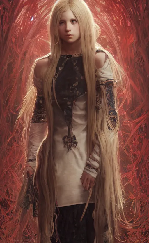 Image similar to full body portrait of a young girl with blond twin tail hair and red eyes, ultra realistic, concept art, intricate details, eerie, highly detailed, photorealistic, octane render, 8 k, unreal engine, art by artgerm and greg rutkowski and alphonse mucha