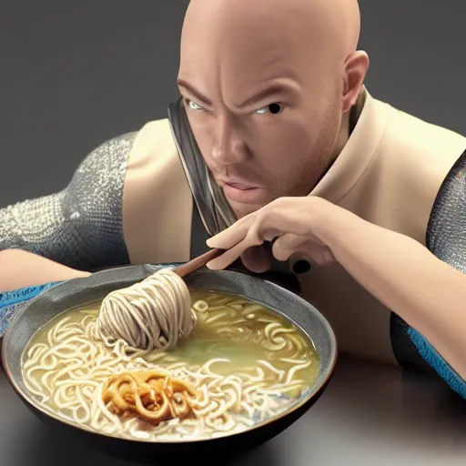 Image similar to Korbin Dallas from the movie The Fifth Element eating a bowl of ramen, 8k resolution, extremely detailed, octane render