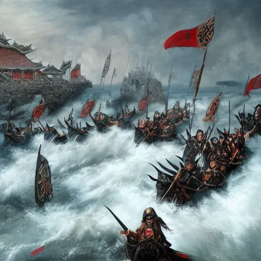 Image similar to an epic painting of vikings invading modern china, realistic, 4 k, 8 k, hyper detailed, oil on canvas, hd,