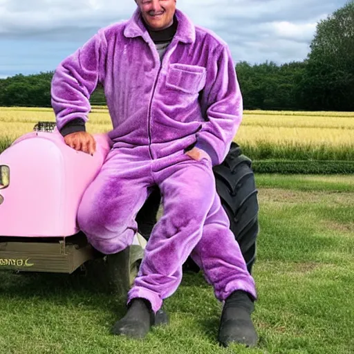 Image similar to a farmer in a purple velour jumpsuit in a very soft persian pink plush john deere with pluche