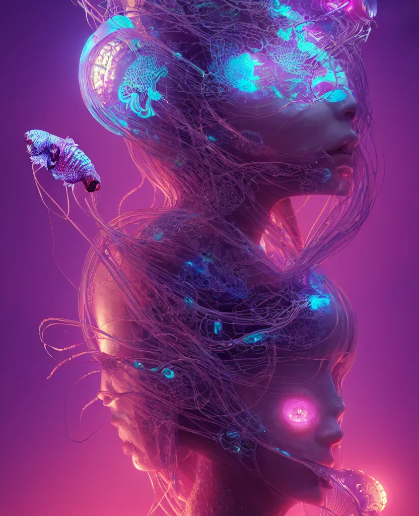 Image similar to goddess close-up portrait. orchid jellyfish phoenix head, nautilus, skull, betta fish, bioluminiscent creatures, intricate artwork by Tooth Wu and wlop and beeple. octane render, trending on artstation, greg rutkowski very coherent symmetrical artwork. cinematic, hyper realism, high detail, octane render, 8k