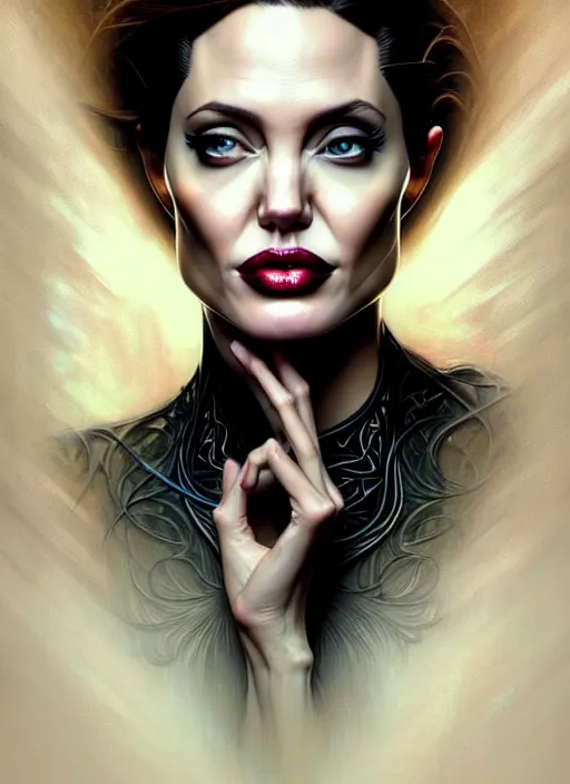 Image similar to portrait of angelina jolie, volumetric lights, feast, music notes, art nouveau botanicals, gothic, intricate, highly detailed, digital painting, artstation, concept art, smooth, sharp focus, symmetric face, illustration, steampunk, art by artgerm and greg rutkowski and alphonse mucha