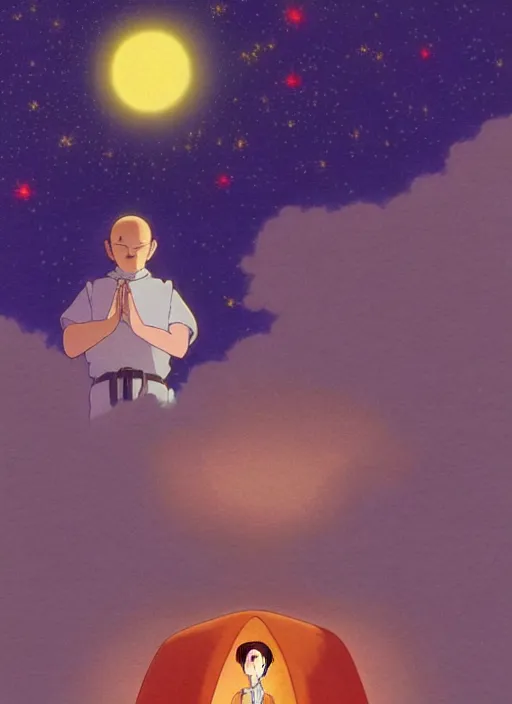 Prompt: a realistic cell - shaded studio ghibli concept art from paprika ( 2 0 0 6 ) of a floating cube from close encounters of the third kind ( 1 9 7 7 ) and a monk meditating on a misty starry night. very dull colors, hd, 4 k, hq