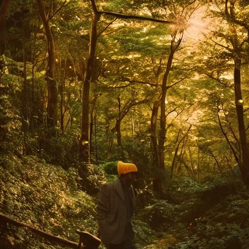 Image similar to 1 9 9 0 s candid 3 5 mm photo of a beautiful forest in tokyo, cinematic lighting, cinematic look, golden hour, the clouds are epic and colorful with cinematic rays of light, a man walks down the center of the forest with a beanie on, photographed by petra collins, uhd