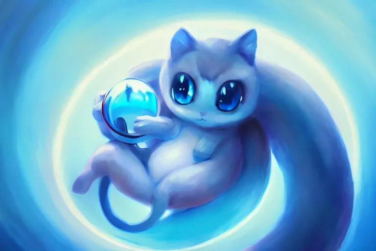 Image similar to cinematic portrait of cute Mew riding large blue bubble, oil on canvas, masterpiece, trending on artstation, featured on pixiv, cinematic composition, dramatic pose, beautiful lighting, sharp, details, hyper-detailed, HD, HDR, 4K, 8K